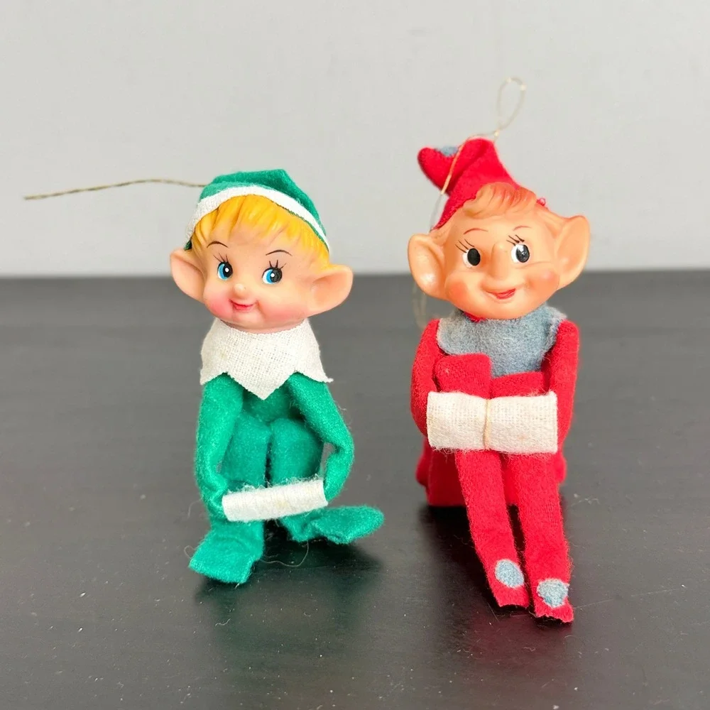 Vintage Pair of Christmas Pixie Elf Ornaments Knee Hugger Dolls Japan